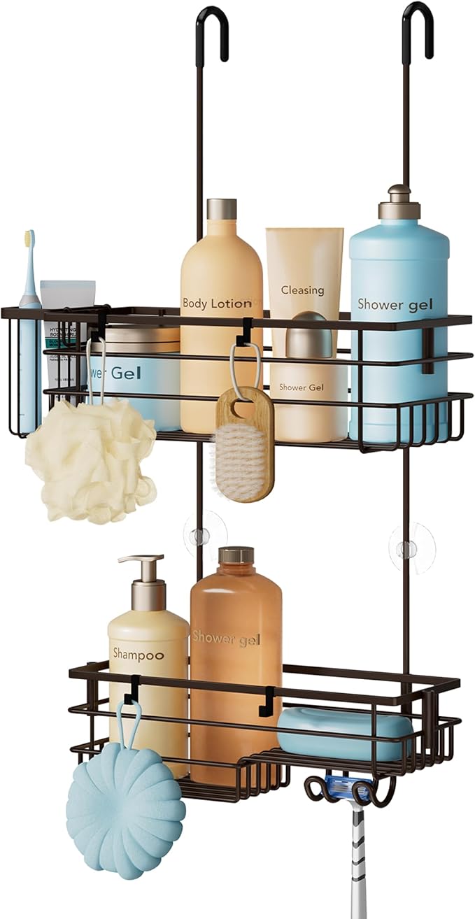 HapiRm Hanging Shower Caddy Organizer - No Drilling Shower Shelves with Hooks and Toothbrush Holder, Rustproof 304 Stainless Steel Bathroom Organizer - Bronze