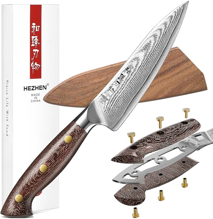 HEZHEN 8.3'' Damascus Chef Knife with Sheath – 67 Layers Damascus Steel, Ultra Sharp Professional Kitchen Knife for Home Cooking, Ergonomic Micarta Handle