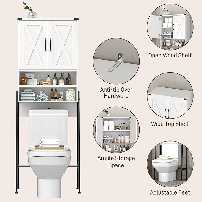 Vabches Over The Toilet Storage Cabinet, Farmhouse Over Toilet Storage Cabinet, Metal Frame with 2 Barn Doors, Home Space-Saving Toilet Rack for Bathroom, Toilet, Laundry Room