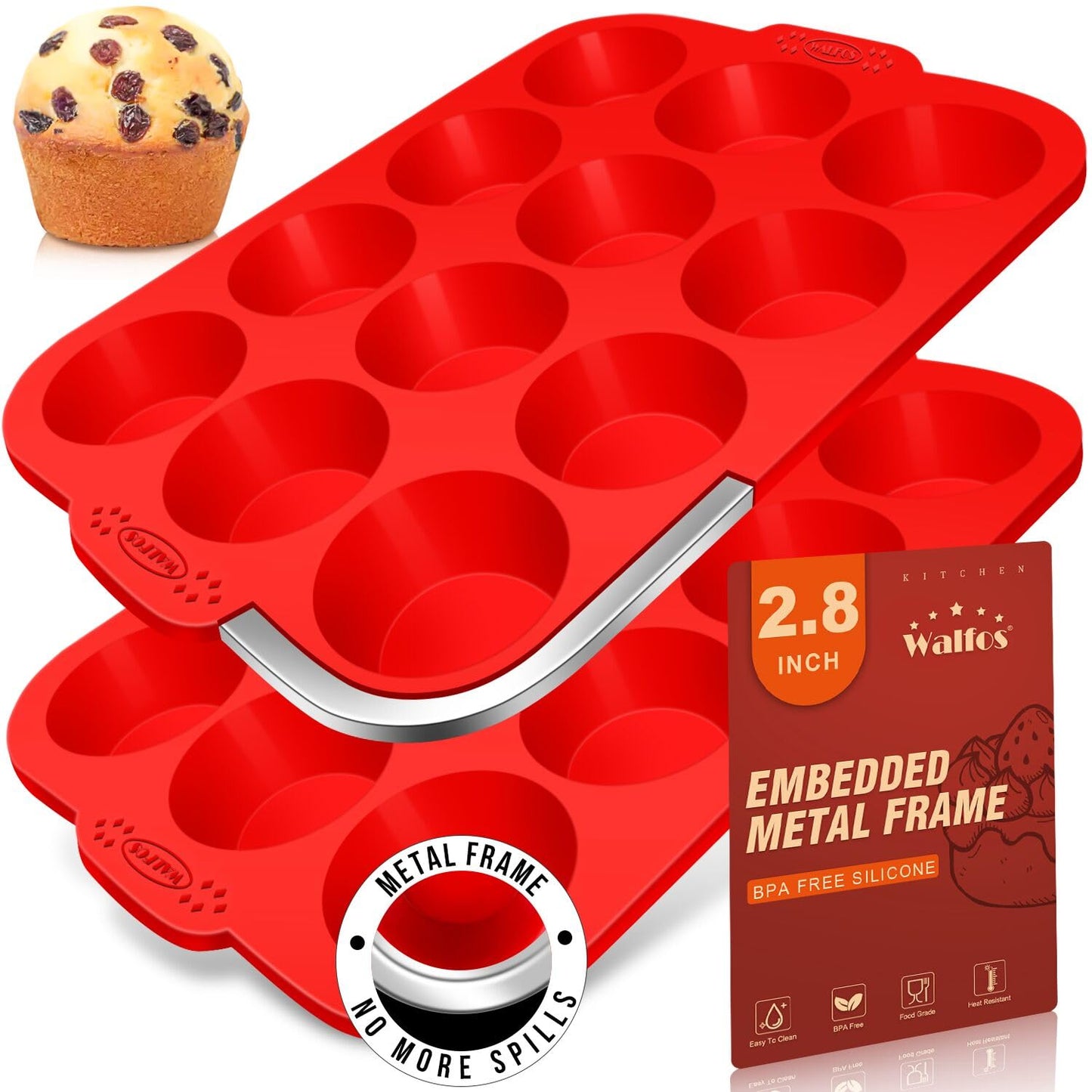 Walfos Silicone Muffin Pan - 12 Cups Regular Silicone Cupcake Pan, Non-stick Great for Making Muffin Cakes, Tart, Bread - BPA Free and Dishwasher Safe