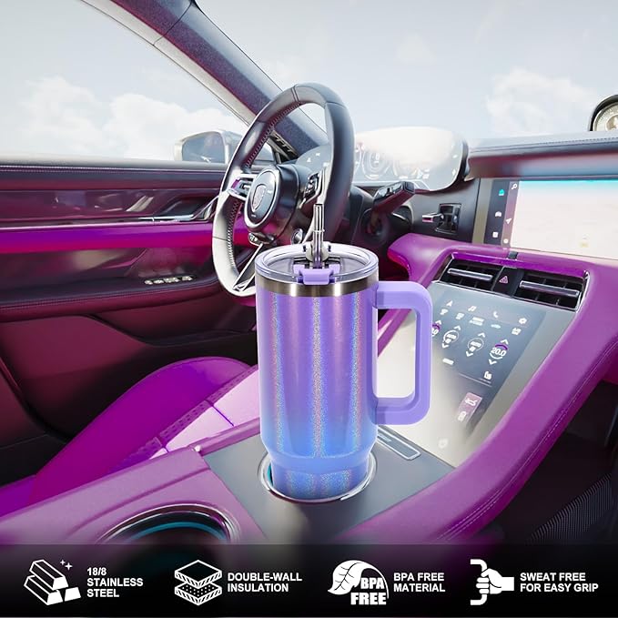 40 oz Shiny Tumbler with Handle and Straw,Stainless Steel Tumbler with Lid and Straw,Insulated Travel Mug(Cold for 34 Hours),Water Bottle for Iced Tea,Coffee (Purple)