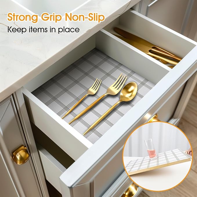 Shelf and Drawer Liner for Kitchen Cabinets Non-Adhesive, Strong Grip Non-Slip Thickened Cabinet Liners for Shelves, Waterproof Mats for Dresser Cupboard, White Square, 23 in x 10 Feet