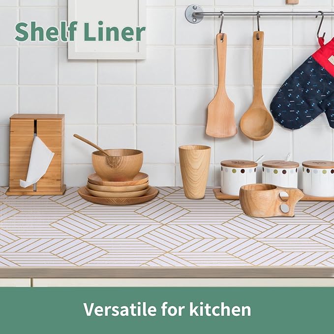 Gold and White Shelf Liners for Kitchen Cabinets Non Adhesive Cabinet Liner Strong Non-Slip Thickened Easy to Clean for Shelf Cabinet with Knife and Tape Measure