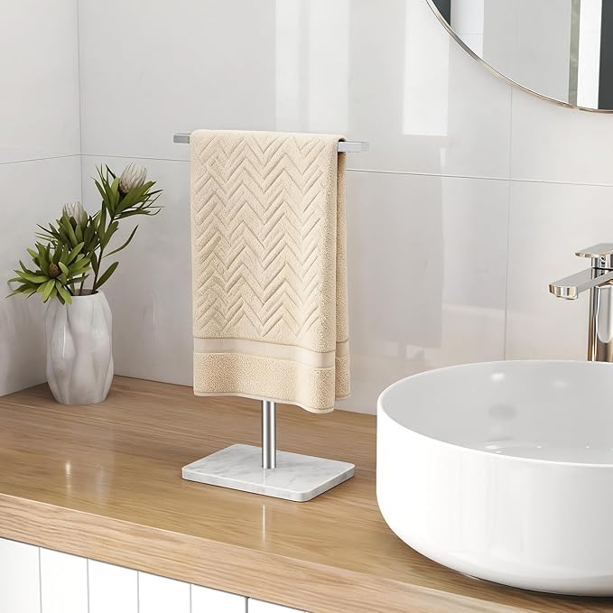 Hand Towel Holder Stand, T-Shape Hand Towel Rack for Bathroom, Hand Towel Stainless Steel for Kitchen Vanity Countertop, Marble Base Brushed Adjustable 9.06" -17.68"