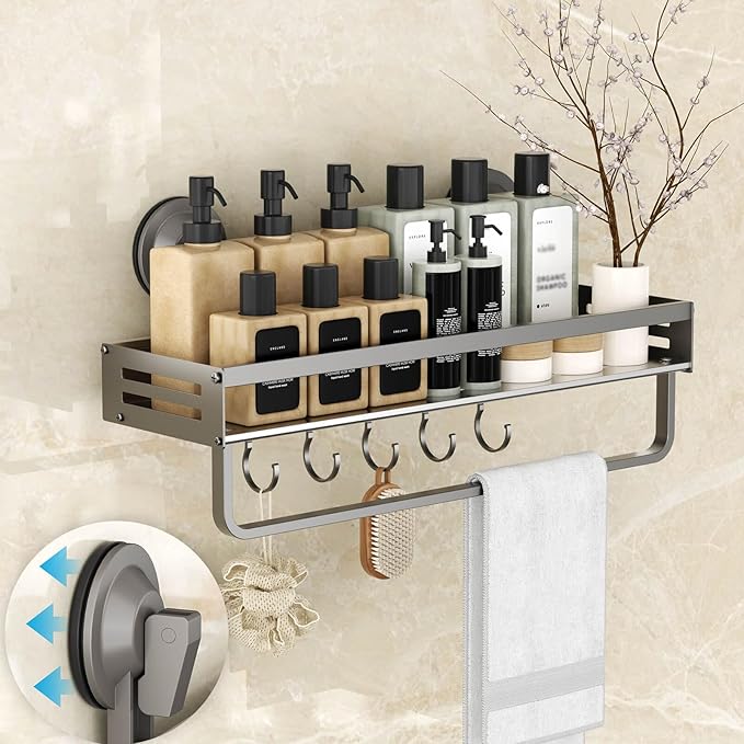 Onemake Shower Caddy Suction Cup, 1 Pack 15.7 inch Aluminum Suction Showers Organizer with Towel Bar & Hooks, Rustproof Shower Shelf for Inside Shower, NO-Drilling Bathroom Holder Storage Rack, Gray