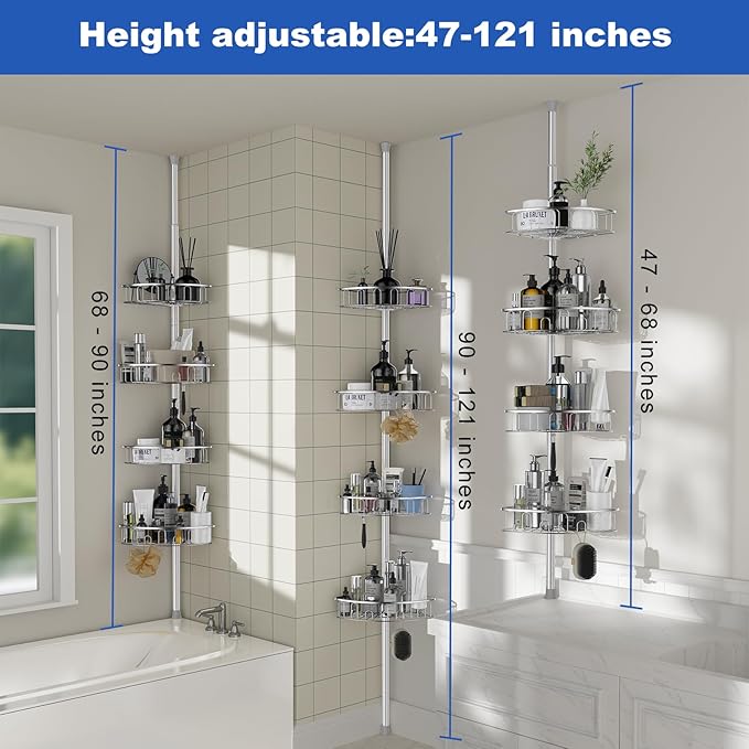 Corner Shower Caddy Tension Pole: Aluminum Shower Caddy Rod with Stainless Steel 4 Adjustable Rustproof Shelves Organizer for Bathroom, 47-121 inch, No Drilling, Quick Installation, Heavy Duty