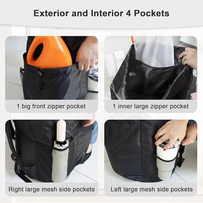 Polecasa Extra Heavy Duty Large Backpack Laundry Bag with Comfortable Padded Shoulder Straps & 4 Pockets, Drawstring bag for Dorm, College, Travel, Black
