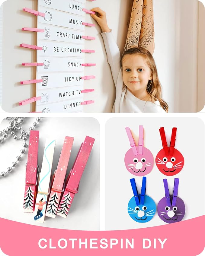Clothes Pins, Pink Colored Wooden Clothespins for Baby Shower Game, Wreath, Crafts, Strong Grip Close Pins Birchwood Clips Clothespin Clothing Pegs for Hanging Clothing Photos, 2.83 Inch, Pack of 50