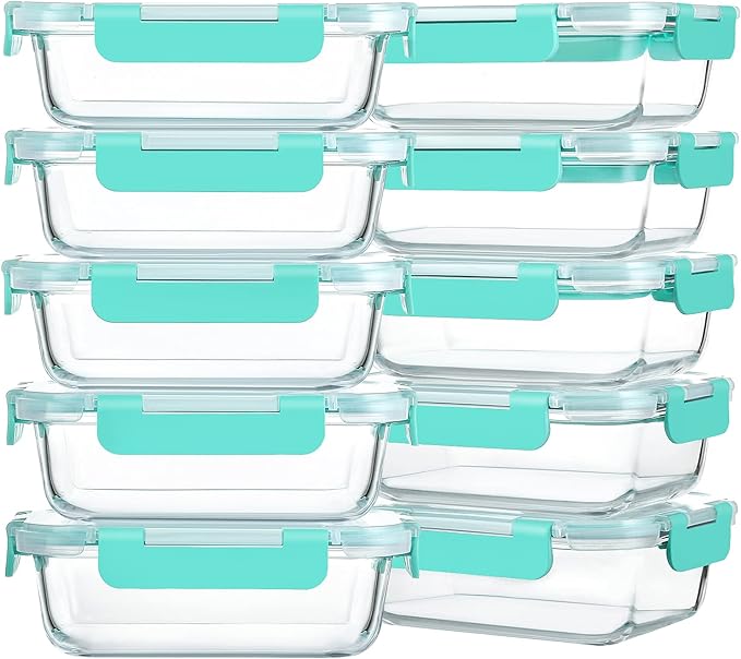 M MCIRCO 10-Pack 22 Oz Glass Meal Prep Containers with Lids - Microwave, Oven, Freezer & Dishwasher Safe - Green
