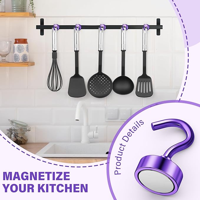 Magnetic Hooks, 25lbs Magnets with Hook, 8 Pack Magnet Hooks for Hanging, Heavy Duty Magnetic Hook for Cruise, Grill, Home, Refrigerator, Lock Accessories, Purple