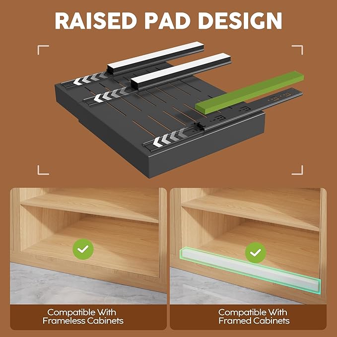4Pack Expandable Pull Out Cabinet Organizer 21"Deep With Raising Pad for Framed Cabinets,Slide Out Drawers with 4pcs Divider Racks,Roll Out Shelves Adhesive,Adjustable Width 12.05"-20.4"Black