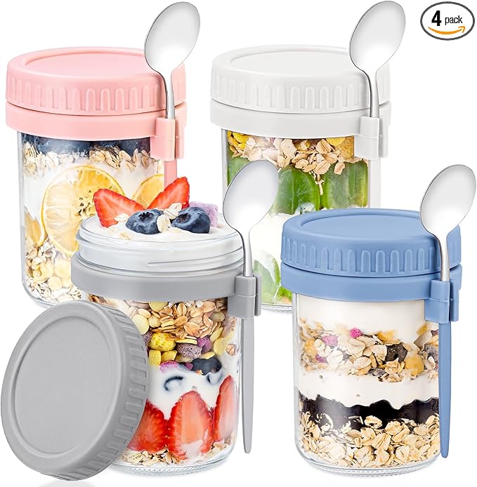 4 Pack Overnight Oats Containers with Lids and Spoons - DRKIO 16 Oz Glass Mason Jars for Overnight Oats Leak Proof Oatmeal Container Great for Cereal Fruit Vegetable Milk Salad Yogurt Meal Prep