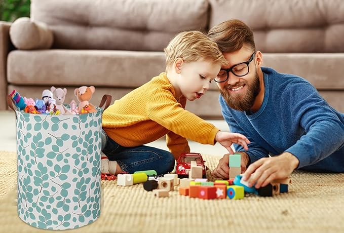 HIYAGON Laundry Baskets,Canvas Fabric Laundry Hamper,Collapsible Toy Storage Organizer Bins,Gift Basket for Bedroom, Clothes, Nursery,Kids,Boys (Eucalyptus leaves)