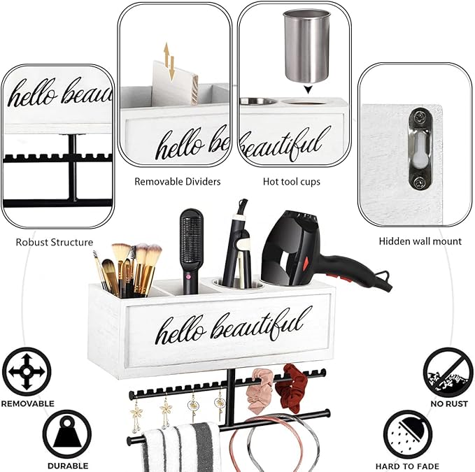 Rustic Hair Dryer Holder Wall Mounted,Hair Styling Tools & Accessories Organizer,Bathroom Supplies & hot Tools vanities Organizer Caddy,for Storage Flat Iron,Blow Dryer,Curling Iron (White)