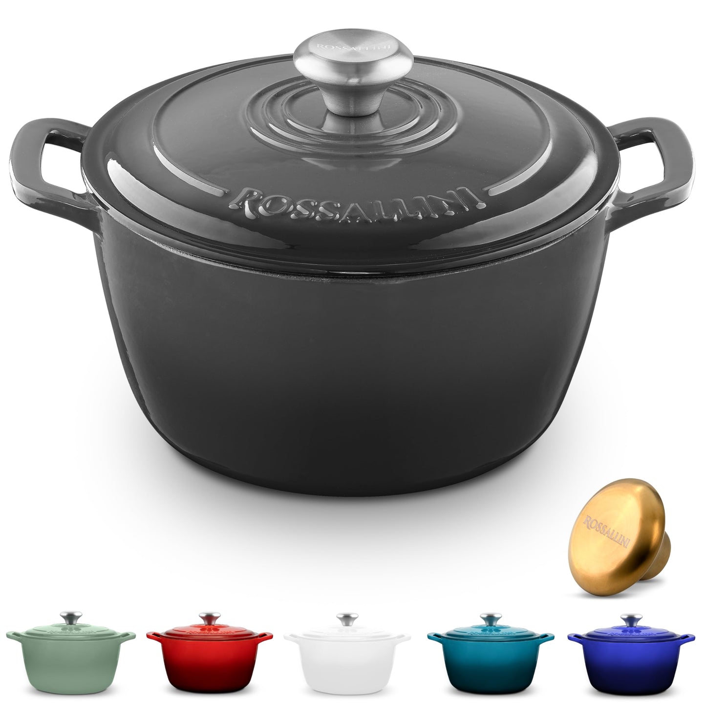 ROSSALLINI Signature Enameled Cast Iron Dutch Oven, Non-Stick Serving Pot with Tight Fitting Lid for Perfect Roasting, Baking, Sauteing, and Bread Making | 7.4Q (7L) - Indigo Blue