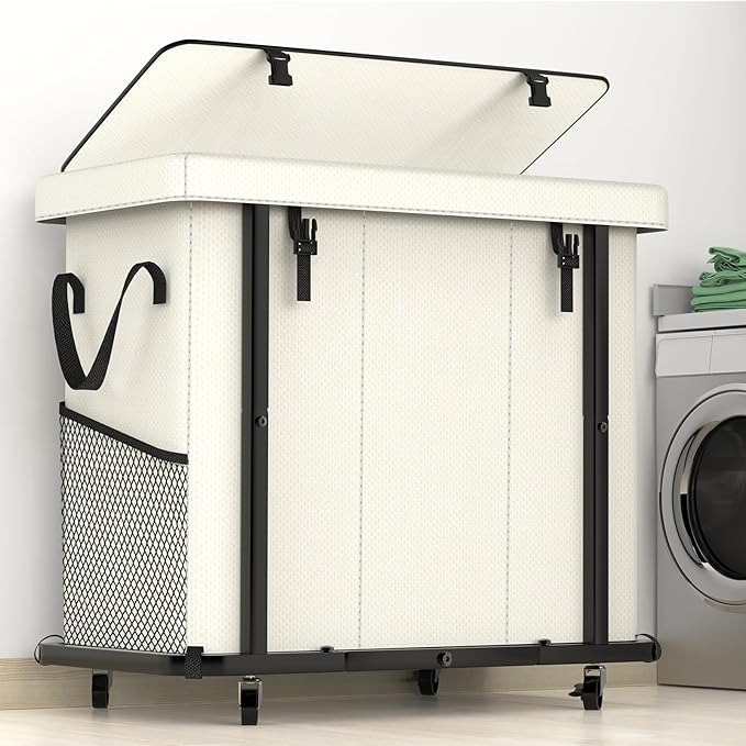 60 Gal(230L) High Grade Large Laundry Basket with Wheels, Rolling Laundry Hamper, Laundry Cart with Metal Frame and Removable Bag Design, Suitable for Laundry Room,Bedroom (White, 3 Section 230L)