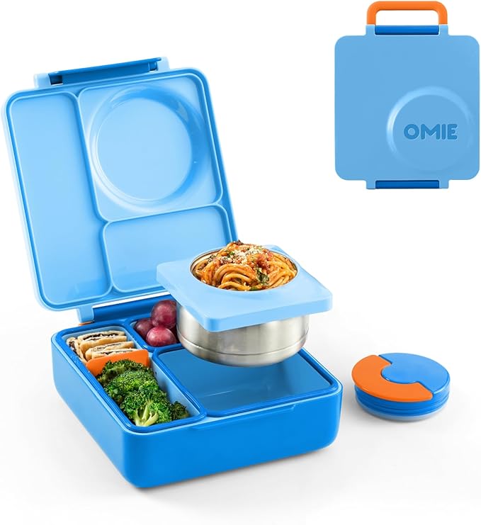 OmieBox Bento Box for Kids - Insulated Bento Lunch Box with Leak Proof Vacuum Insulated Food Jar - 3 Compartments, Two Temperature Zones (Sunshine)