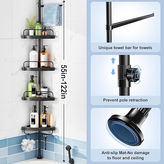 HAMITOR Corner Shower Caddy Tension Pole: 4 Tier Shampoo Storage Organizer for Inside Shower - Telescoping Rod Shower Rack for Bathroom and Bathtub - Restroom Floor Standing Bath Rack Holder Black