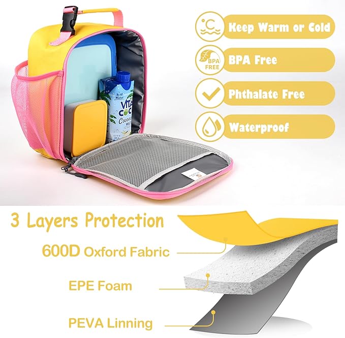 Lunch Box Kids,Premium Insulated Lunch Bag for Girls Boys,Soft Bag Mini Cooler Back to School Thermal Reusable Lunch Bag for Work School Picnic (Yellow)