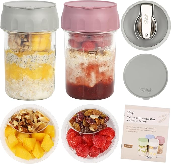 SOLIGT Overnight Oats Containers with Lids, Folding Spoons and Divided Compartment for Fruit & Nuts, Small Glass 16oz Mason Jars for Oatmeal Yogurt Parfait (2 Set-Smoke Gray/Oat White)