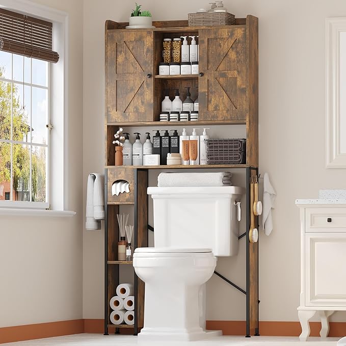EasyCom Over The Toilet Storage Cabinet with Metal Frame and 7 Storage Shelves, Bathroom Organizer with Adjustable Shelves and Paper Holder, Farmhouse Storage Cabinet for Bathroom,Laundry,Rustic Brown