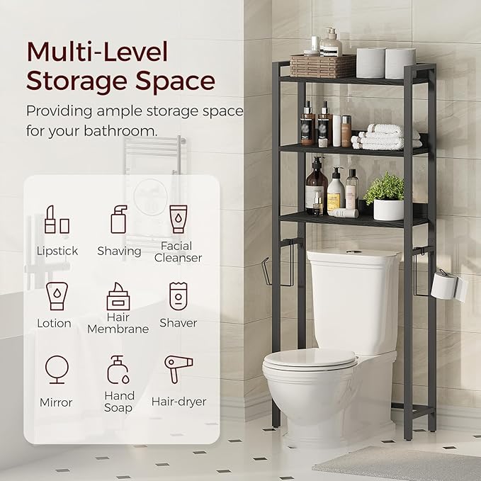 Over The Toilet Storage Rack, 3 Tier Bathroom Organizer Over Toilet, Freestanding Space Saver Toilet Stand with 2 Hooks, Bathroom Storage Shelf, Easy to Assemble, Black TSBK6001