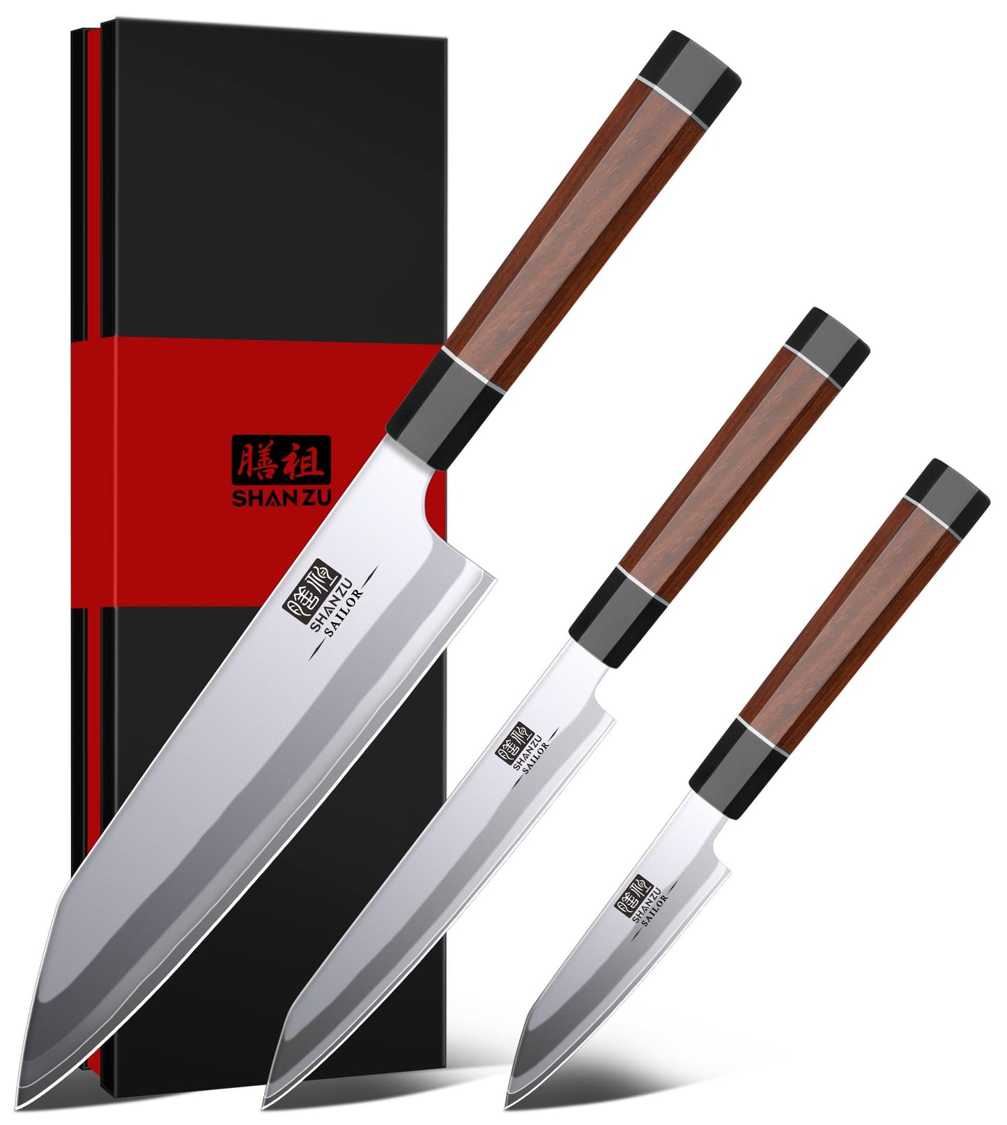 SHAN ZU 3PCS Japanese Knife Set, 9 Layers 10Cr15MoV High Carbon Steel