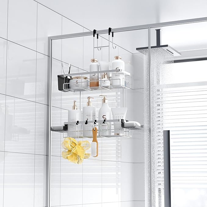 Over the Door Hanging Shower Caddy: Rustproof Hanging Organizer over the Door - No Drilling Bathroom Rack for Inside Shower Chrome
