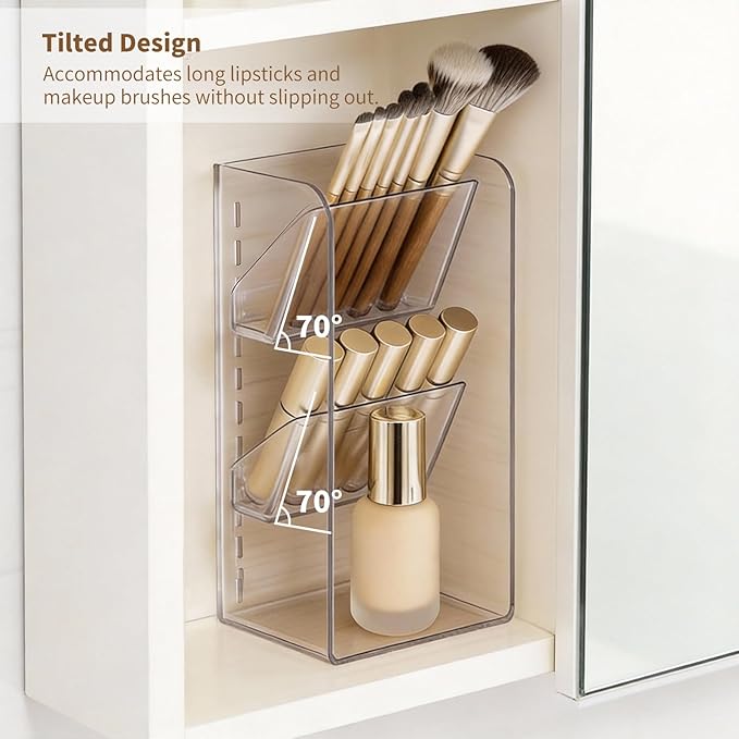 Medicine Cabinet Organizer with Adjustable Dividers, Clear Open Storage Compartment, Space-Saving Makeup Brush Holder for Bathroom, Wall Cabinet, Vanity Countertop (2-Tier Full Slant)
