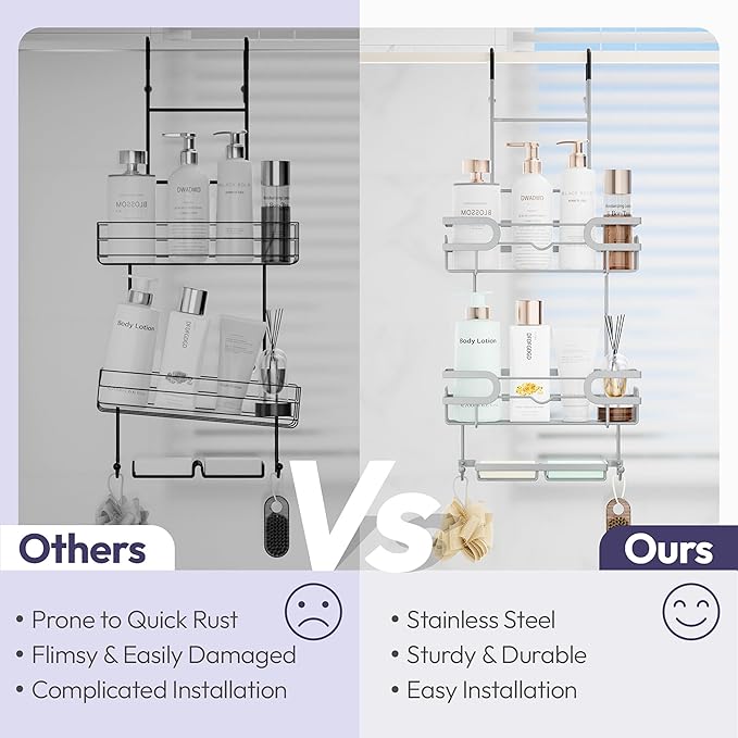 SWTYMIKI Over the Door Shower Caddy Hanging with Double Soap Holder, Hanging Shower Organizer with 16 Hooks, No Drilling Shower Shelves Over Door, Bathroom Rack and Storage, Silver