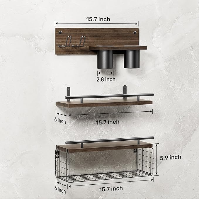 Bathroom Floating Shelves with Hair Dryer Holder - Wall Mounted Wood Wall Shelf with Blow Dryer Storage Over The Toilet - Set of 3 Rustic Brown Farmhouse Decor