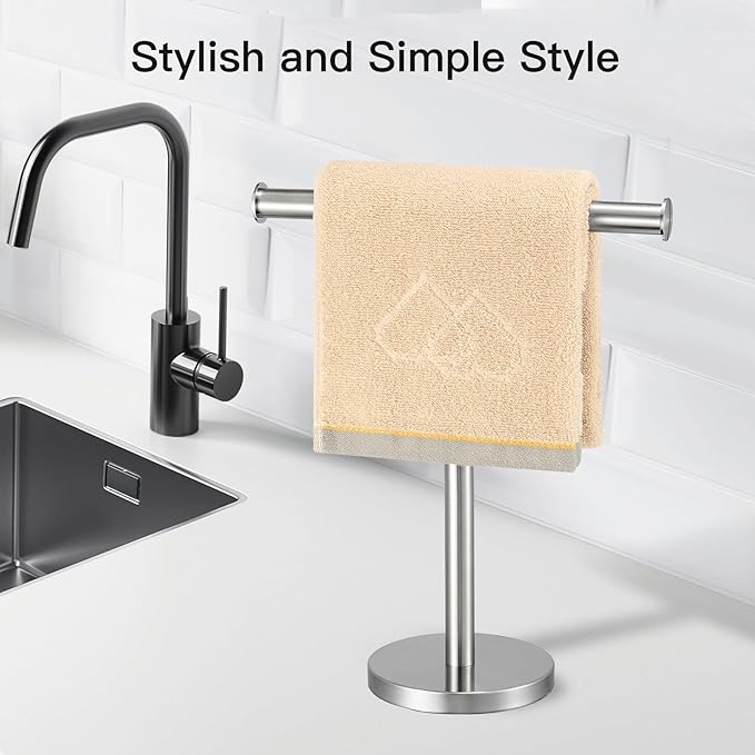T-Shape Bath Hand Towel Holder Standing, SUS304 Stainless Steel Brushed Nickel T-Shape Towel Bar Rack Stand with Heavy Base, Tower Bar for Bathroom Kitchen & Countertop, 2 Pack