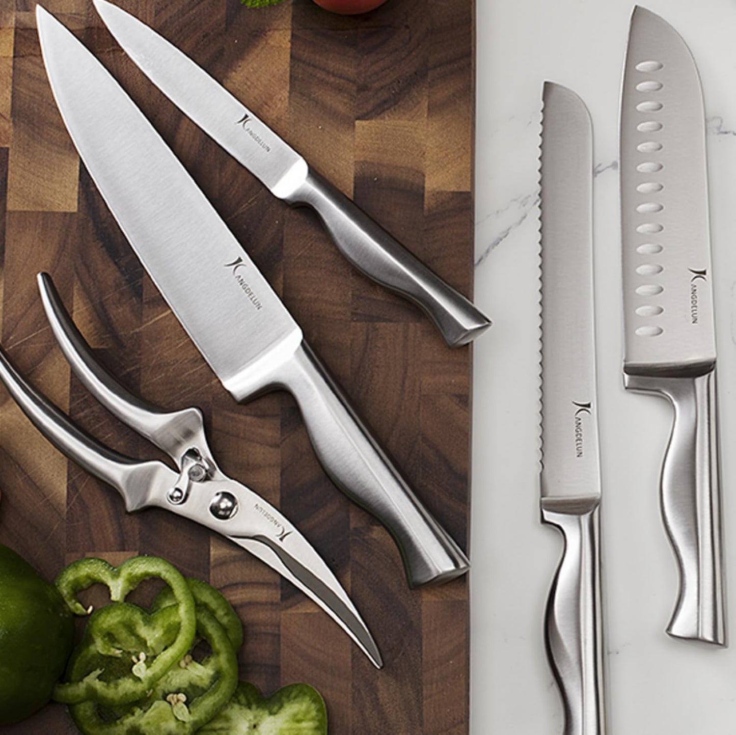 Kangdelun 15-Piece Ultra Sharp Kitchen Knife Set with Wooden Block, Exclusive Ergonomic Anti-Slip Handle, High-Carbon 50CR15MOV Steel, Angled Design, Natural Wood Block