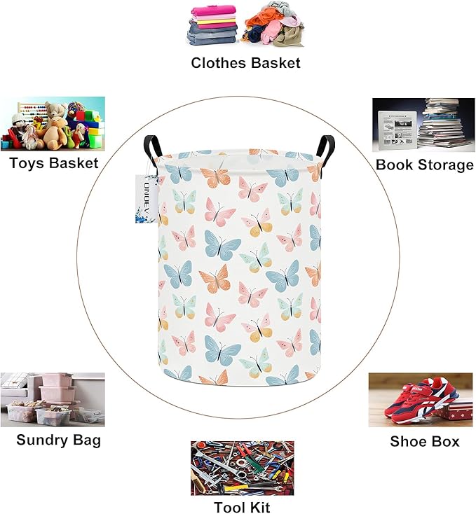 Round waterproof laundry basket,laundry Hampers with handle,gift basket,suitable for children's room and toy storage (Colorful butterfly)