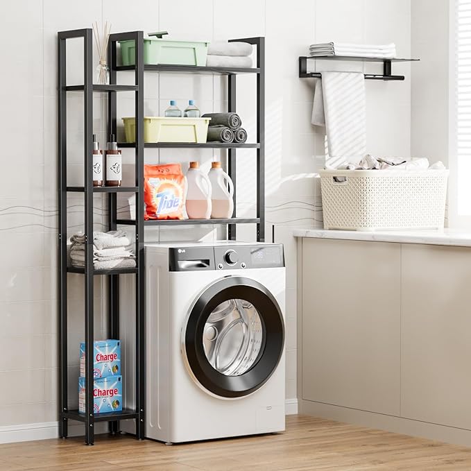 OTK Over The Toilet Storage with 7-Tier Bathroom Organizer Shelf, Freestanding Space Saver with Adjustable Feet & Hooks, Storage Rack for Bathroom, Restroom, Laundry, Black