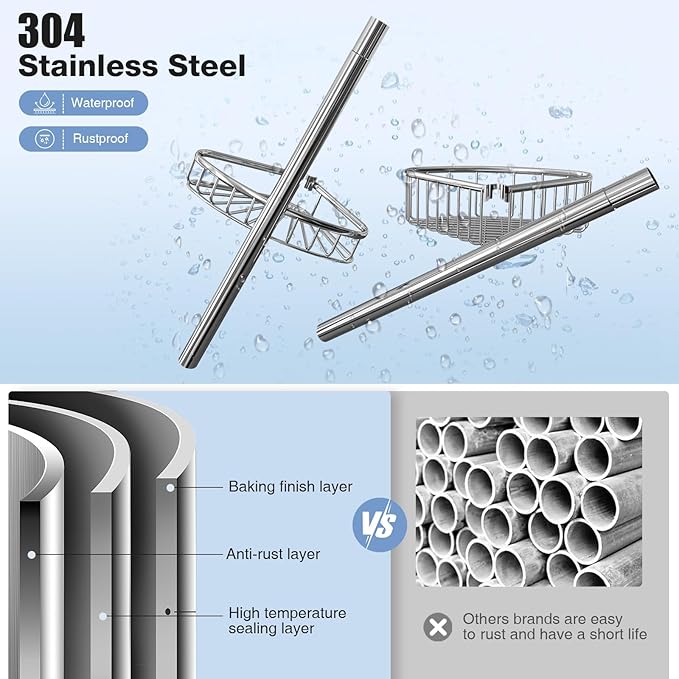Corner Shower Caddy Tension Pole: Stainless Steel Rustproof 4-Tier Shower Organizer - 47-121 inch Adjustable Bathroom Shelves for Bathtub Shampoo Storage - Tension Rod Floor Standing Bath Rack -Silver