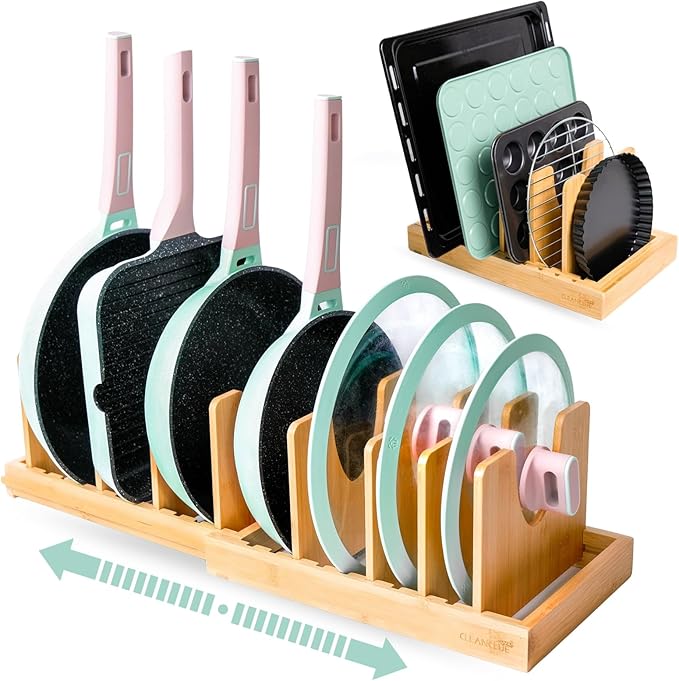 Pots and Pans Organizer under Cabinet Expandable Bamboo Pot Lid Holder Rack