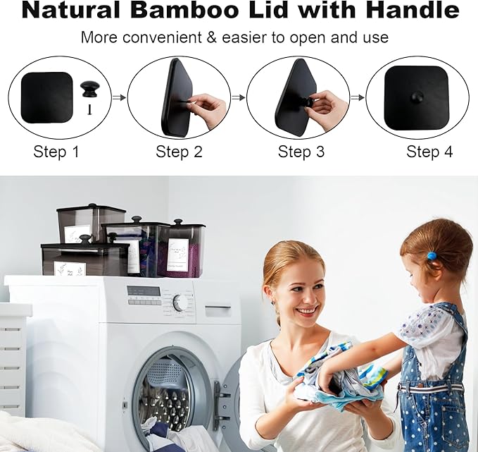 4 Pack Laundry Detergent Containers & Dryer Sheet Holder with Black Lids, Scoops & Labels - Plastic Laundry Organizer and Storage Jars for Pods, Detergent, Scent Booster
