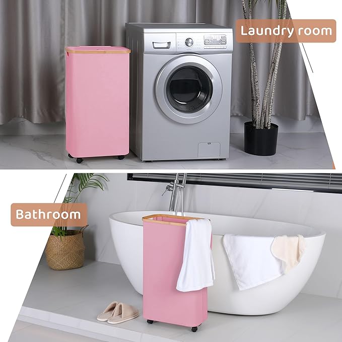 Slim Laundry Basket with Wheels,Narrow Hampers for Laundry,Freestanding Laundry Hamper with Lid&Bamboo Handles,Collapsible & Waterproof Tall Cloth Hamper for Dorm Family(60L Pink)