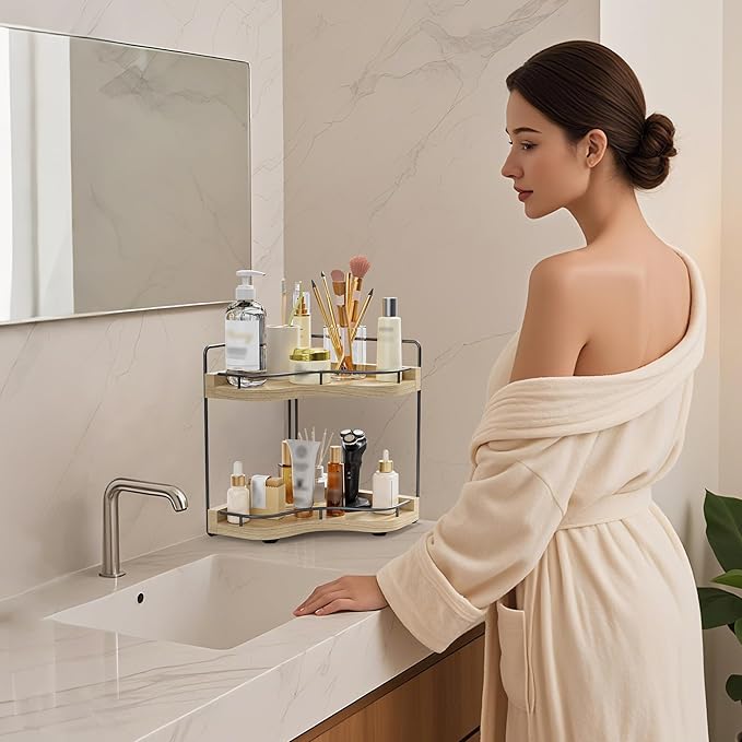 2-Tier Corner Bathroom Counter Organizer with Embedded Screw Holes, Secure & Stable Wood Vanity Shelf for Makeup and Skincare Essentials - Space Saving Bathroom Countertop Storage