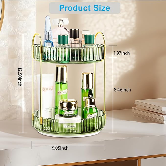 360 Rotating Makeup Organizer, 2 Tier Lazy Susan Bathroom Counter Organizer, Skincare Organizers, Spinning Perfume Organizer & Vanity Organizer Countertop (Gem Green, 2 Tier)