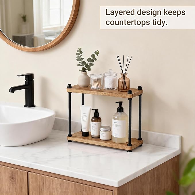 Mkono Bathroom Counter Organizer, 2 Tier Wooden Shelf for Vanity Countertop Skincare Makeup, Rustic Bathroom Decor Storage and Organization for Kitchen, Coffee Bar, Office, Light Brown