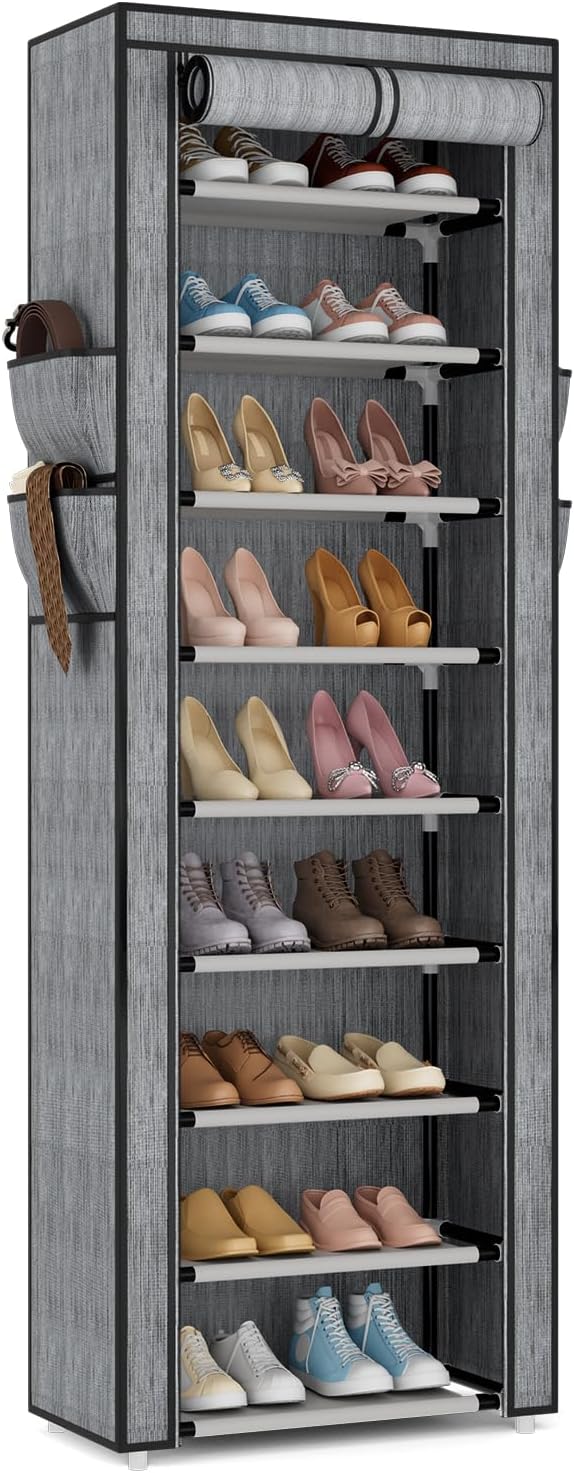 Shoe Rack with Cover Narrow Shoe Rack Organizer with 4 Side Pockets 10 Tier Tall Shoe Storage Shoe Shelf Holds 18-22 Pairs Shoes and Boots Shoe Rack for Closet, Printing