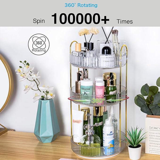 360 Rotating Makeup Organizer - Large Capacity Spinning Perfume & Cosmetic Skincare Holder for Countertop (Pearl White, 3 Tier)