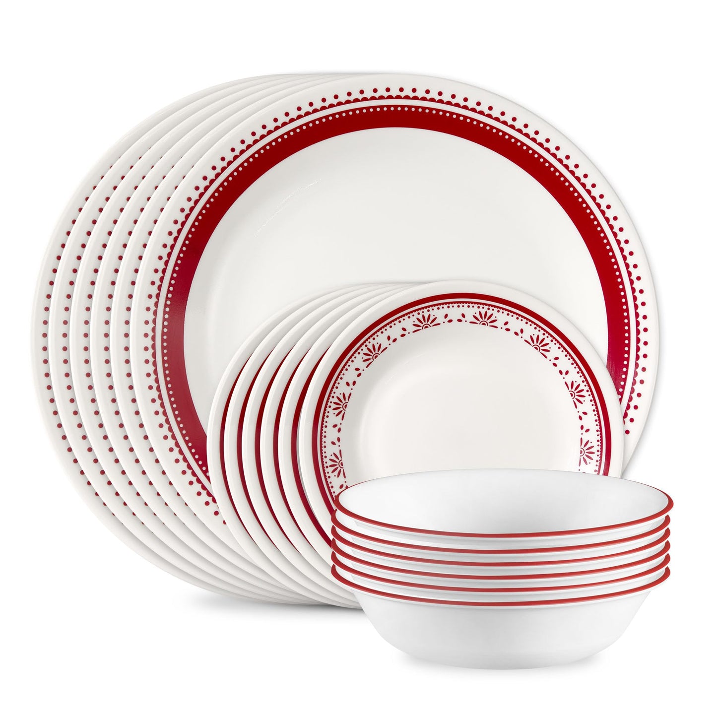 Corelle Everyday 18-PC Dinnerware Set Service for 6, Durable and Eco-Friendly, Higher Rim Glass Plate & Bowl Set, Microwave and Dishwasher Safe, Sadie