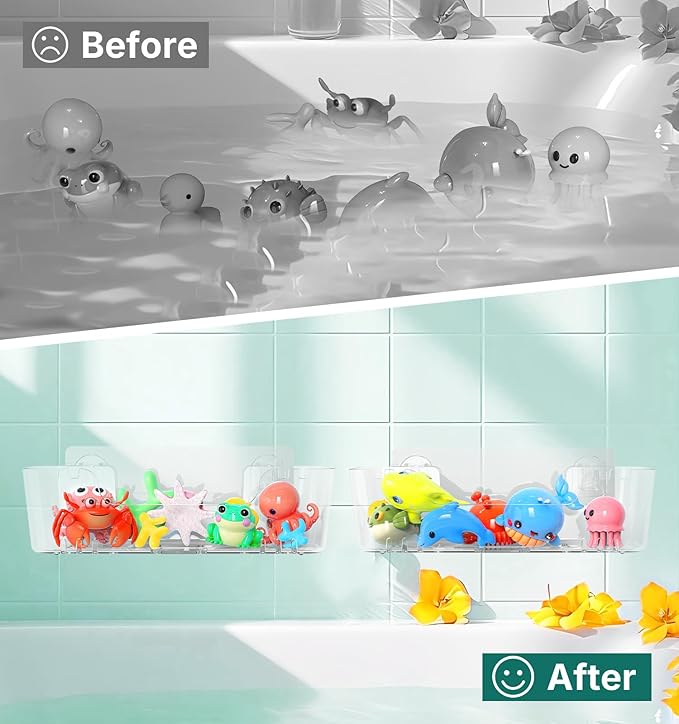Bath Toy Storage Holder for Bathtub, Clear Acrylic Bath Toy Organizer with Drain Holes, 2 Pack Large Capacity Bathtub Toy Storage Shower Caddy for Bathroom