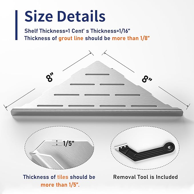 8'' Corner Shower Shelf 2PCS, 304 Stainless Steel Recessed Bathroom Shelves for Tiled Wall, Grout in Shelf (8'', Silver)