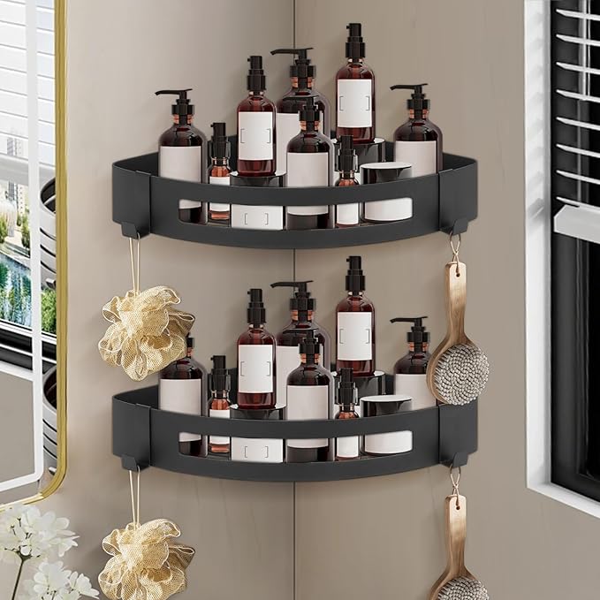NearMoon Bathroom Corner Shelf Shower Caddy 2 Pack, No Drill 304 Stainless Steel Shower Organizer with 2 Hooks (Matte Black)
