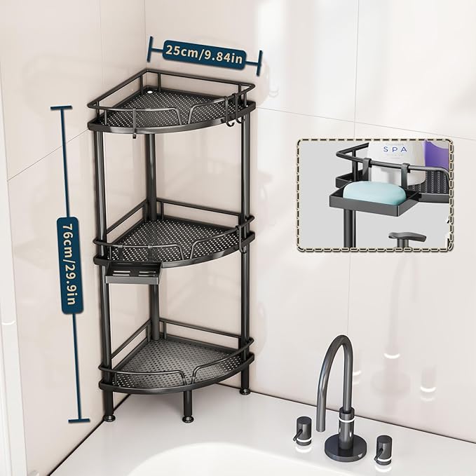 Consumest Corner Shower Caddy Stand - 3 Tier Shower Organizer with Soap Holder, Tall Floor Corner Shelves Standing with Adjustable Feet & 4 Hooks, Storage Rack for Bathroom Black