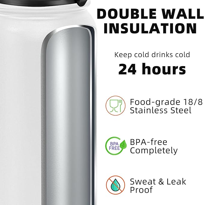 Fanhaw 24 oz Insulated Stainless Steel Water Bottle with Anti-Dust Chug Lid, Leakproof Vacuum Metal Bottle for Kids, Women & Men (White)